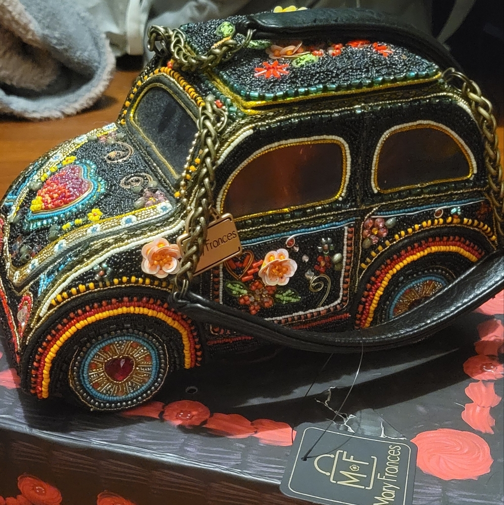 Mary Frances Black Beaded Car-Shaped Evening Bag with Multicolor Embellishments - Picture 1 of 11